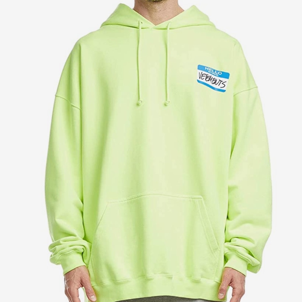 NEW Vetements My Name Is Nametag Neon Hoodie Sweatshirt L
